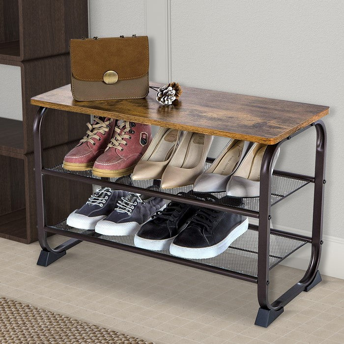 Industrial 3 Tier Wood Top Shoe Rack with Metal Base, Black and Brown