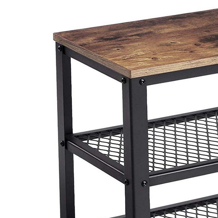 Vintage Wood and Metal Shoe Rack with 2 Mesh Shelves, Black and Brown