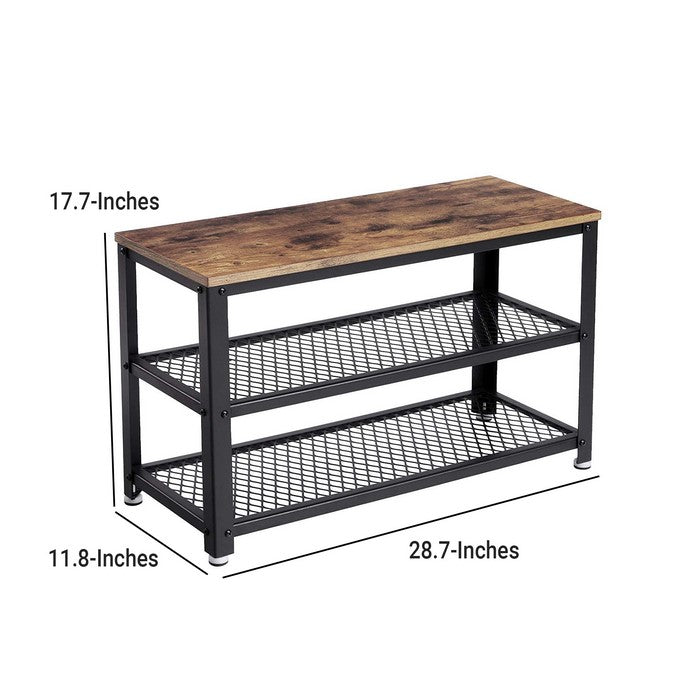 Vintage Wood and Metal Shoe Rack with 2 Mesh Shelves, Black and Brown