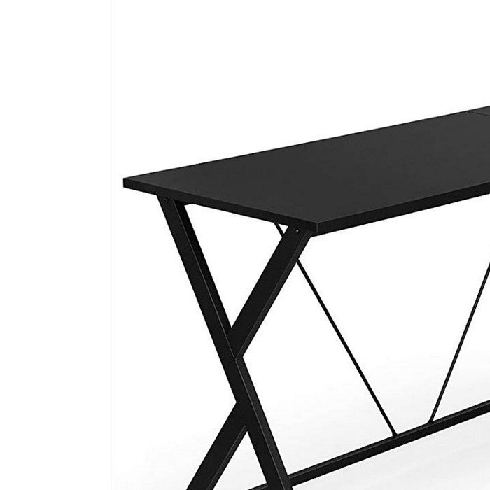 L Shaped Wooden Corner Desk with Geometric Metal Frame, Black