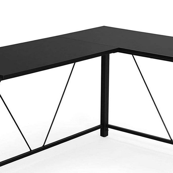 L Shaped Wooden Corner Desk with Geometric Metal Frame, Black