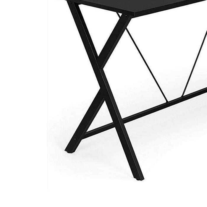 L Shaped Wooden Corner Desk with Geometric Metal Frame, Black