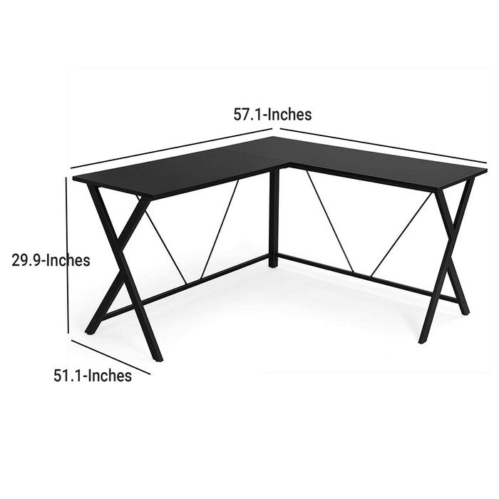 L Shaped Wooden Corner Desk with Geometric Metal Frame, Black