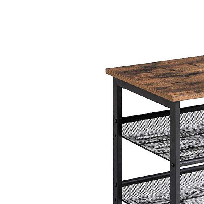 Wooden Side Table with Metal Mesh Shelves, Set of 2, Black and Brown