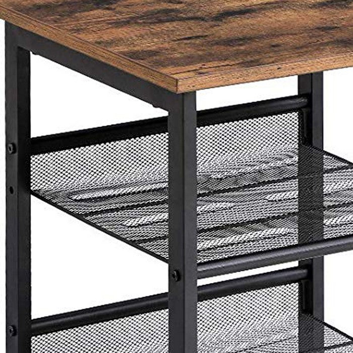 Wooden Side Table with Metal Mesh Shelves, Set of 2, Black and Brown