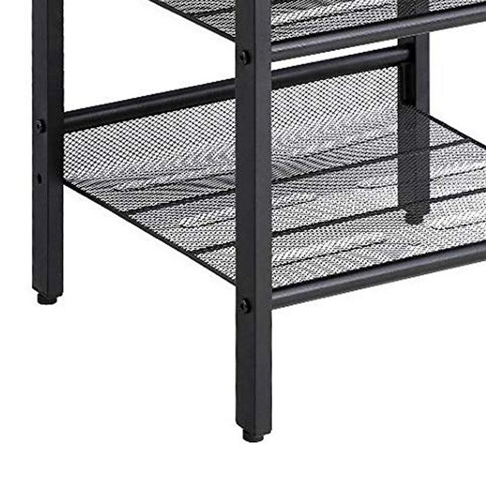 Wooden Side Table with Metal Mesh Shelves, Set of 2, Black and Brown