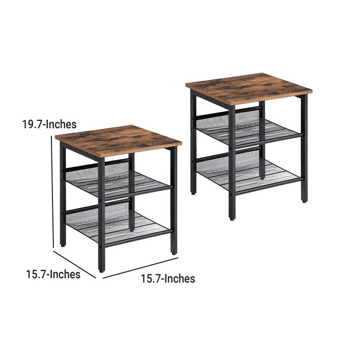 Wooden Side Table with Metal Mesh Shelves, Set of 2, Black and Brown