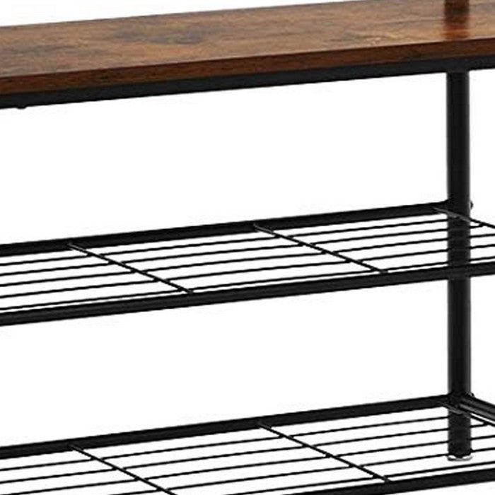 Industrial Wood and Metal Coat Rack with Shoe Bench, Black and Brown