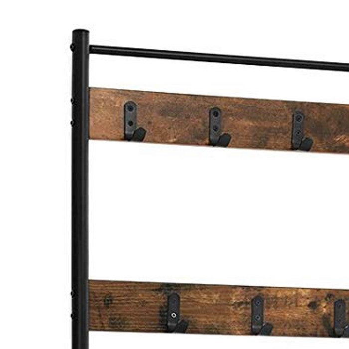 Industrial Wood and Metal Coat Rack with Shoe Bench, Black and Brown