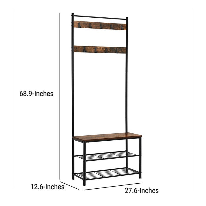 Industrial Wood and Metal Coat Rack with Shoe Bench, Black and Brown