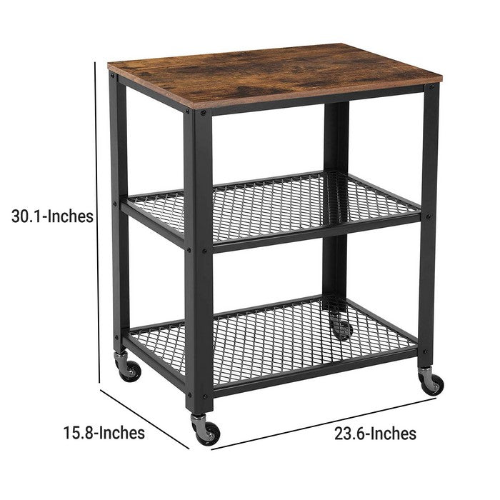 3 Tier Wooden Serving Cart with 2 Mesh Design Shelves, Black and Brown
