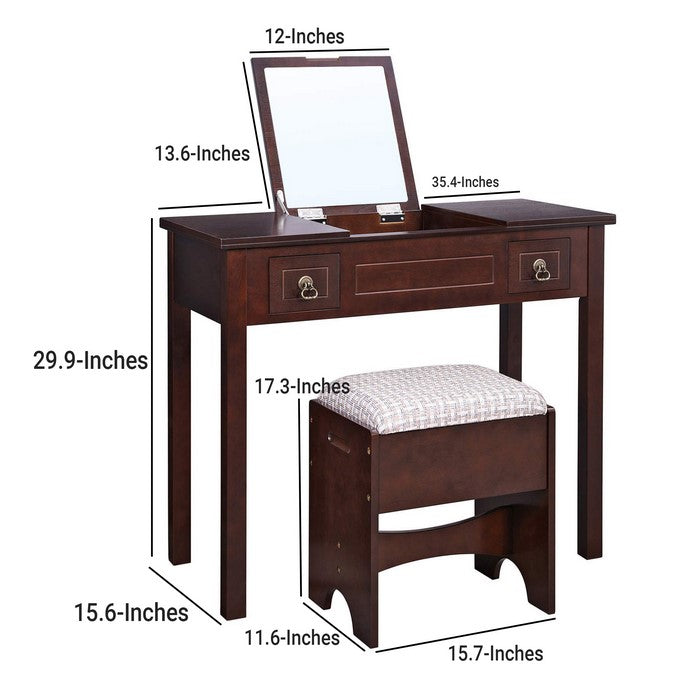 Wooden Vanity Set with Flip Top Mirror and 2 Drawers, Brown