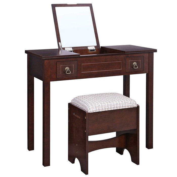 Wooden Vanity Set with Flip Top Mirror and 2 Drawers, Brown