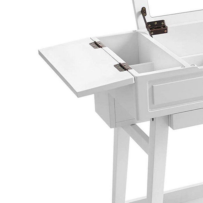 Wooden Vanity Table with Flip Top Mirror and Hidden Storage, White