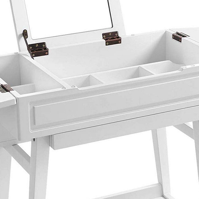 Wooden Vanity Table with Flip Top Mirror and Hidden Storage, White