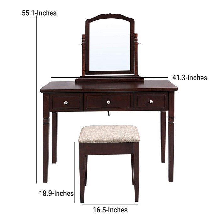 Wooden Vanity Set with 3 Drawers and Adjustable Mirror, Brown