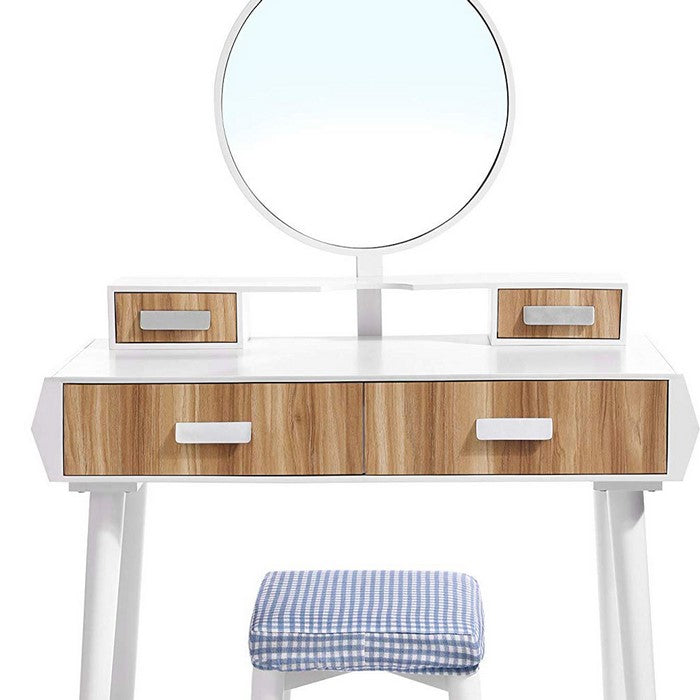 Wooden Vanity Set with Round Mirror and 4 Drawers, White and Brown