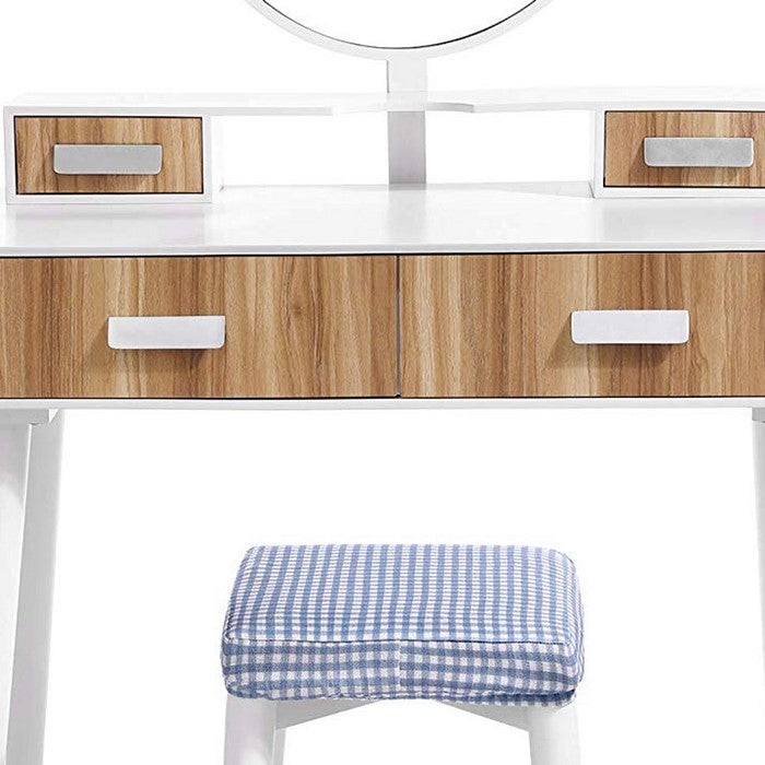 Wooden Vanity Set with Round Mirror and 4 Drawers, White and Brown