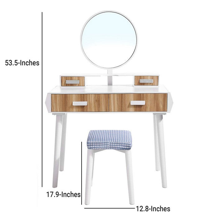 Wooden Vanity Set with Round Mirror and 4 Drawers, White and Brown
