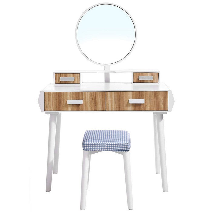 Wooden Vanity Set with Round Mirror and 4 Drawers, White and Brown