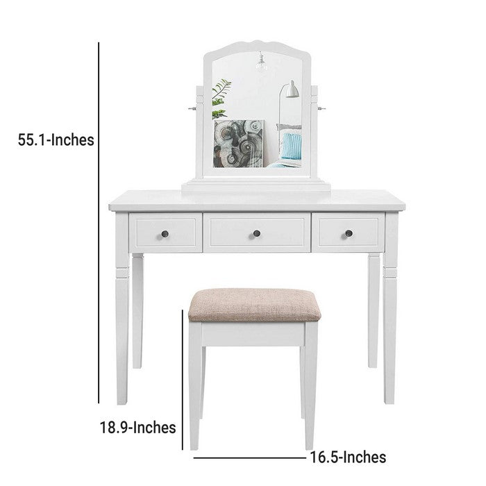 Wooden Vanity Set with 3 Drawers and Adjustable Mirror, White