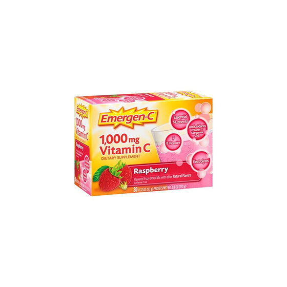 Emergen-C (30 Count, Raspberry Flavor) Dietary Supplement Drink Mix With 1000mg Vitamin C, 0.32 Ounce Packets, Caffeine Free