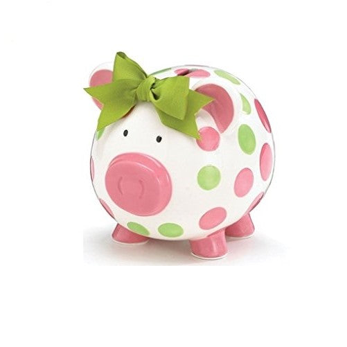 Girls Pink & Green Circles Pig Piggy Bank Green Bow Ceramic Personalized Baby Nursery Decor