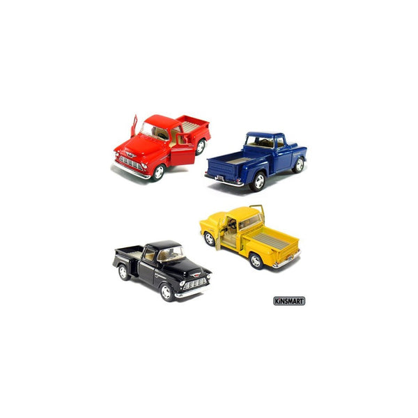 Set of 4 die-cast Chevy Stepside Pick-Up 1/32 Scale, Pull Back Action Cars.