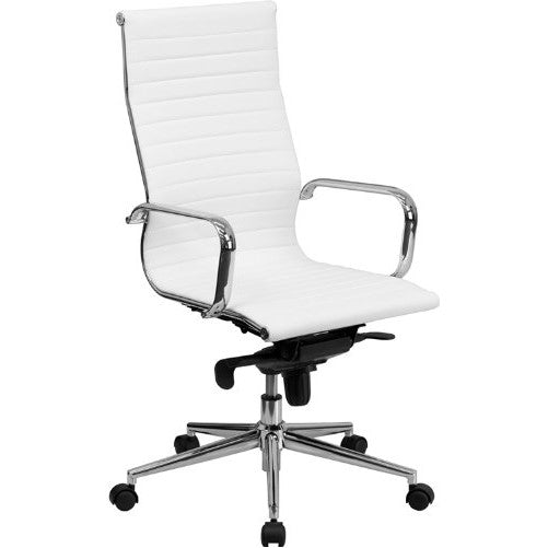 Flash Furniture High Back White Ribbed Leather Executive Swivel Chair with Knee-Tilt Control and Arms