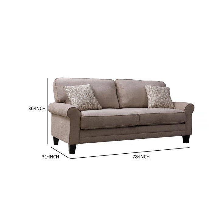 Contemporary 78 Inch Fabric Upholstered Wooden Sofa, Beige and Brown
