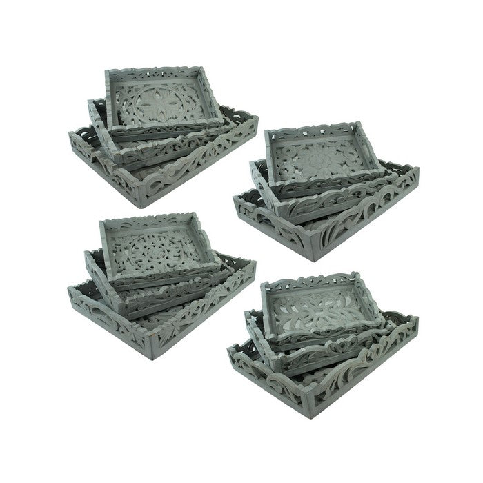3 Piece Carved Wood Tray Set with Mirror Inset, Assortment of 4, Gray