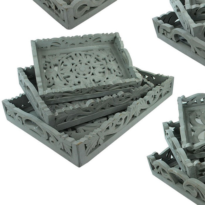 3 Piece Carved Wood Tray Set with Mirror Inset, Assortment of 4, Gray