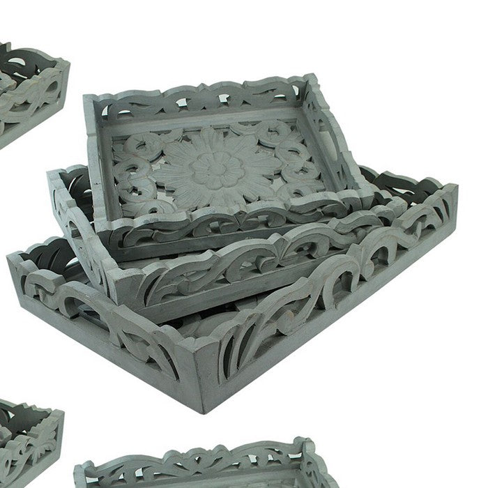 3 Piece Carved Wood Tray Set with Mirror Inset, Assortment of 4, Gray
