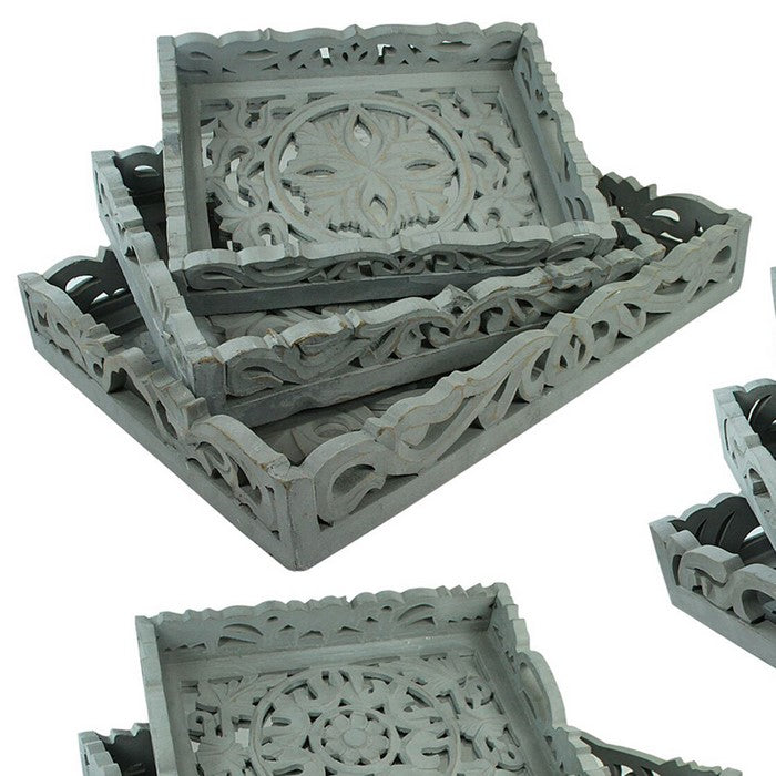 3 Piece Carved Wood Tray Set with Mirror Inset, Assortment of 4, Gray
