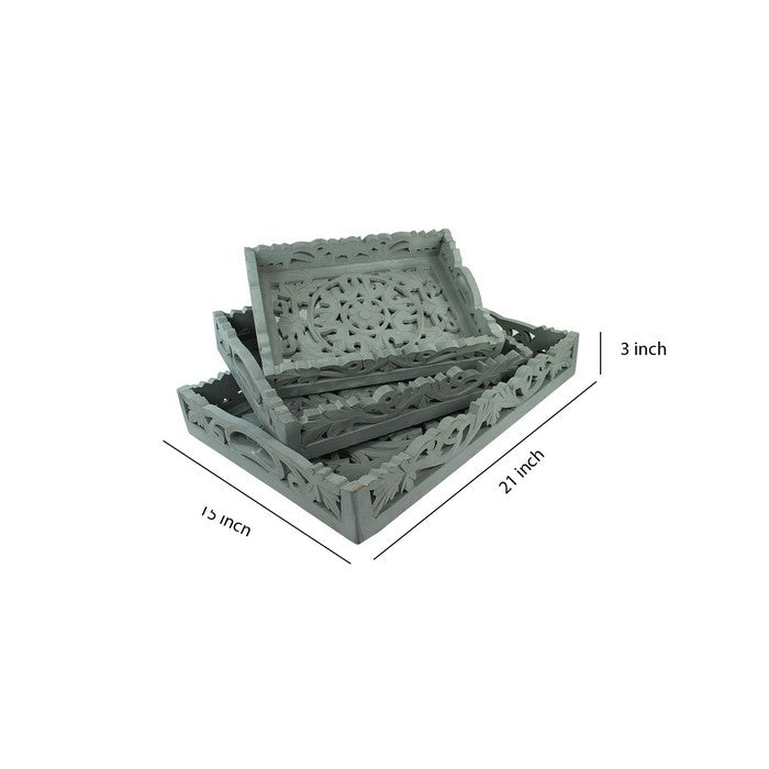 3 Piece Carved Wood Tray Set with Mirror Inset, Assortment of 4, Gray