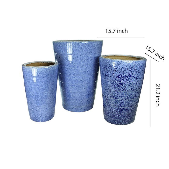 3 Piece Contemporary Ceramic Pots with Tapered Bottom, Blue