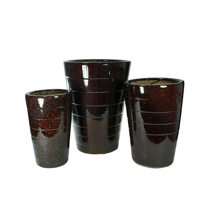 3 Piece Contemporary Ceramic Pots with Tapered Bottom, Brown