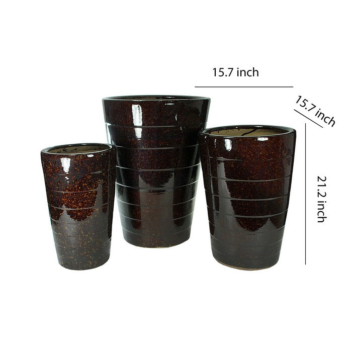 3 Piece Contemporary Ceramic Pots with Tapered Bottom, Brown