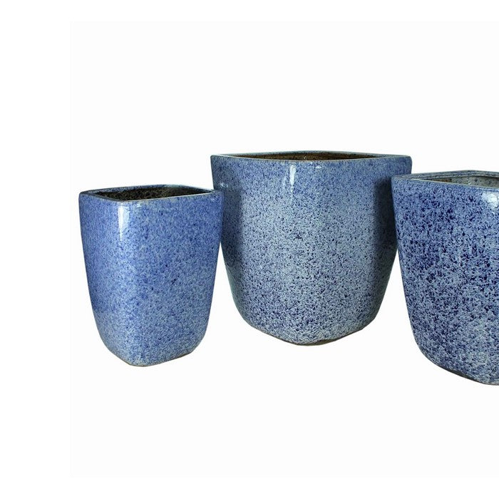 3 Piece Contemporary Style Ceramic Pot with Square Top, Blue