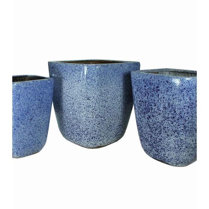 3 Piece Contemporary Style Ceramic Pot with Square Top, Blue