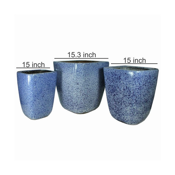 3 Piece Contemporary Style Ceramic Pot with Square Top, Blue
