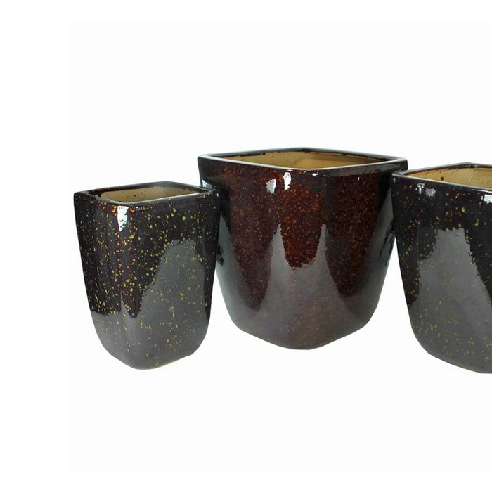3 Piece Contemporary Style Ceramic Pot with Square Top, Brown