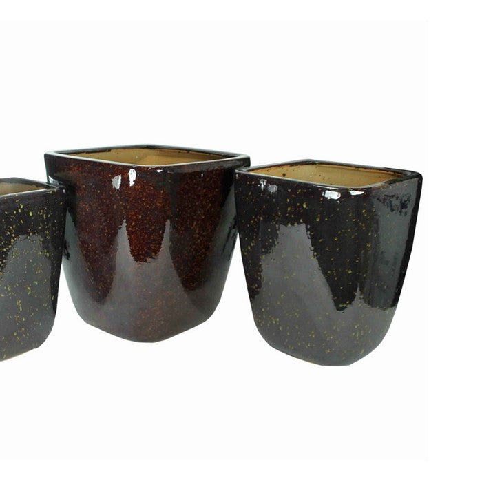 3 Piece Contemporary Style Ceramic Pot with Square Top, Brown