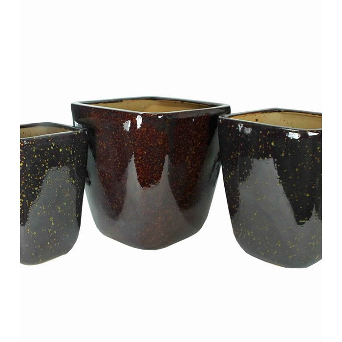 3 Piece Contemporary Style Ceramic Pot with Square Top, Brown