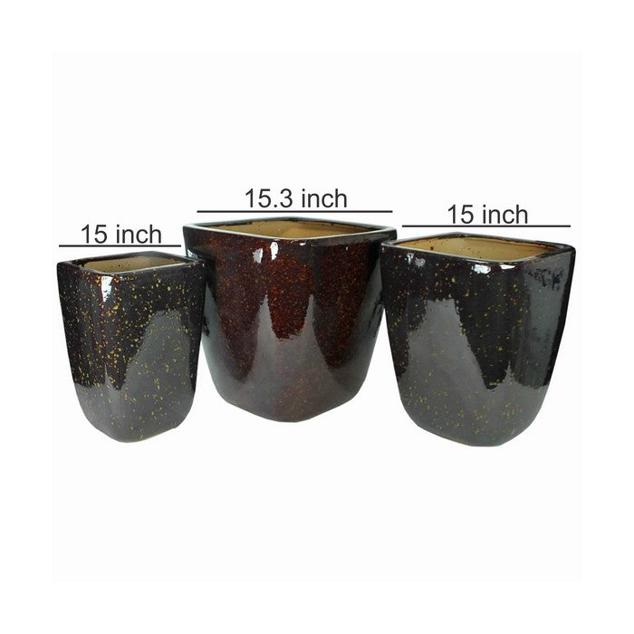 3 Piece Contemporary Style Ceramic Pot with Square Top, Brown