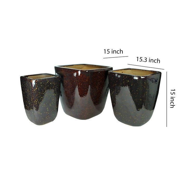 3 Piece Contemporary Style Ceramic Pot with Square Top, Brown