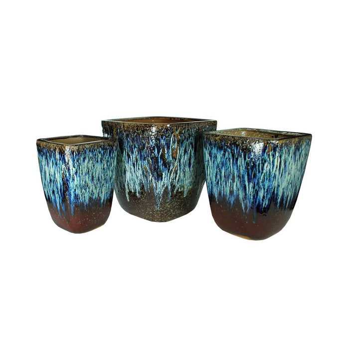 3 Piece Contemporary Style Ceramic Pot with Square Top, Brown and Blue
