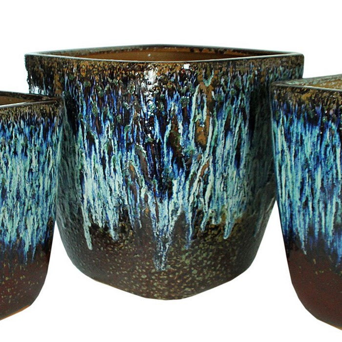 3 Piece Contemporary Style Ceramic Pot with Square Top, Brown and Blue