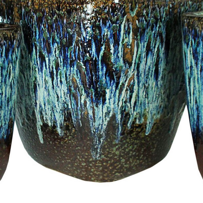 3 Piece Contemporary Style Ceramic Pot with Square Top, Brown and Blue