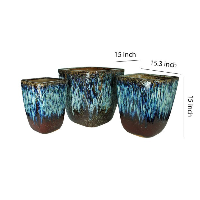 3 Piece Contemporary Style Ceramic Pot with Square Top, Brown and Blue
